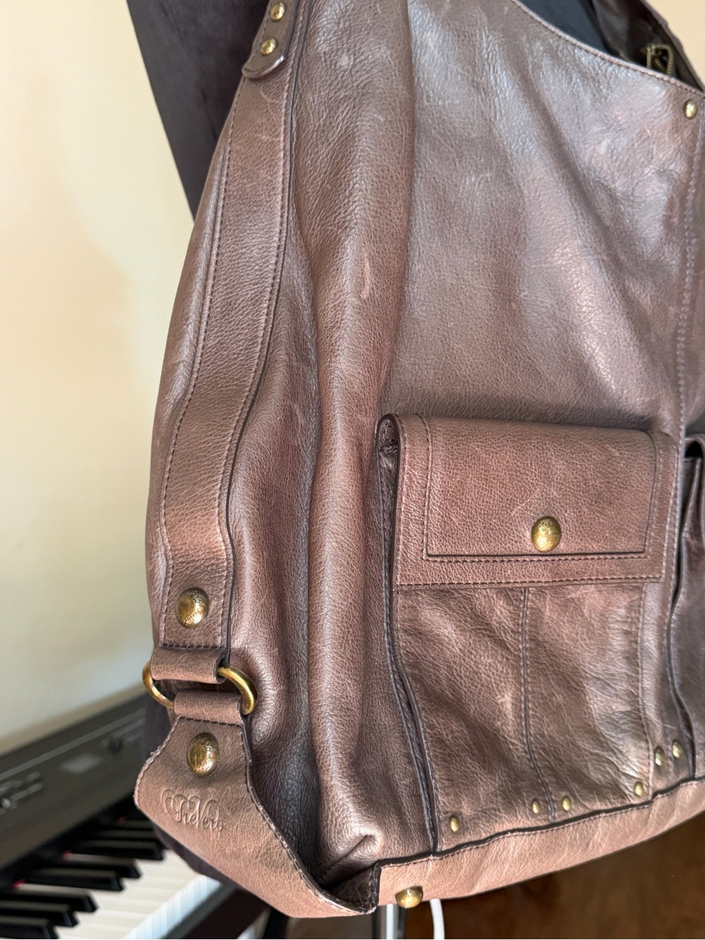 Slouch hobo Multi pocket oversized shoulder bag purple polka dot lining leather - Picture 3 of 9